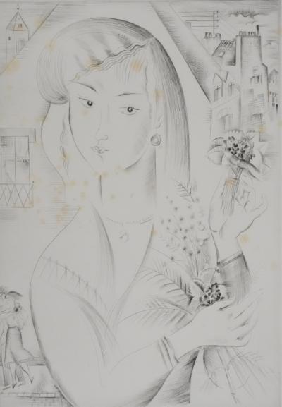 Mily POSSOZ : Jeune femme au bouquet - Gravure originale signée 2