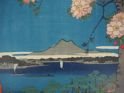 Utagawa HIROSHIGE : Japon, Sanctuaire Suijin et Massaki sur la rivière Sumida, Lithographie signée 2