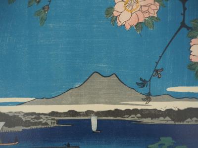 Utagawa HIROSHIGE : Japon, Sanctuaire Suijin et Massaki sur la rivière Sumida, Lithographie signée 2