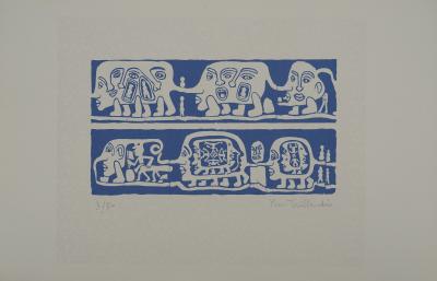 Yvon TAILLANDIER : Catitipède aux visages en bleu II, Sérigraphie originale signée 2