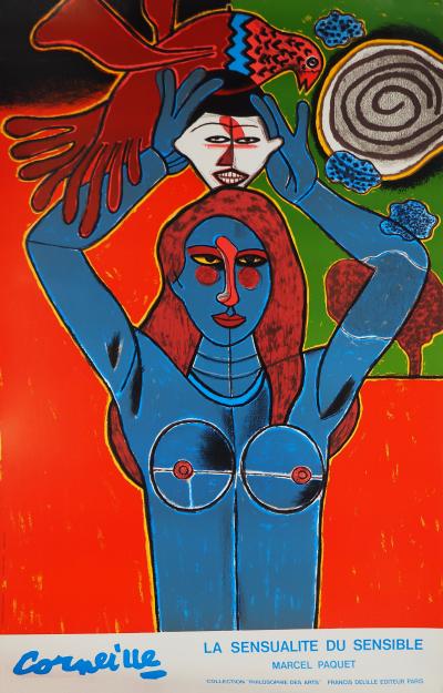 Guillaume CORNEILLE : Sensualité, Femme, masque et oiseau, Lithographie originale signée 2