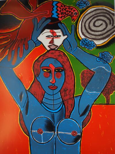 Guillaume CORNEILLE : Sensualité, Femme, masque et oiseau, Lithographie originale signée 2