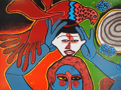 Guillaume CORNEILLE : Sensualité, Femme, masque et oiseau, Lithographie originale signée 2