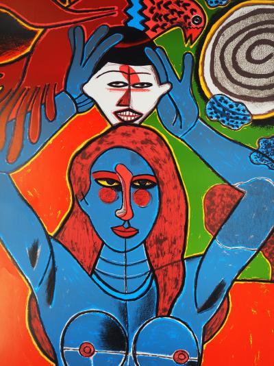 Guillaume CORNEILLE : Sensualité, Femme, masque et oiseau, Lithographie originale signée 2