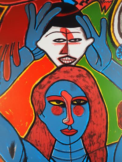 Guillaume CORNEILLE : Sensualité, Femme, masque et oiseau, Lithographie originale signée 2