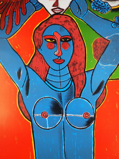 Guillaume CORNEILLE : Sensualité, Femme, masque et oiseau, Lithographie originale signée 2