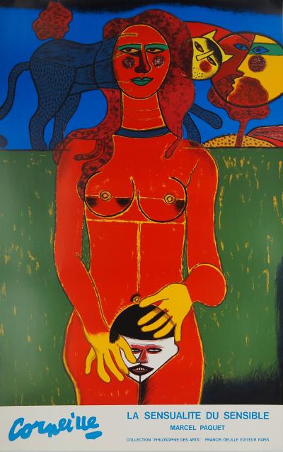 Guillaume CORNEILLE : Sensualité, Femme, Chat et Soleil souriant, Lithographie originale signée 2