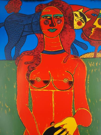 Guillaume CORNEILLE : Sensualité, Femme, Chat et Soleil souriant, Lithographie originale signée 2
