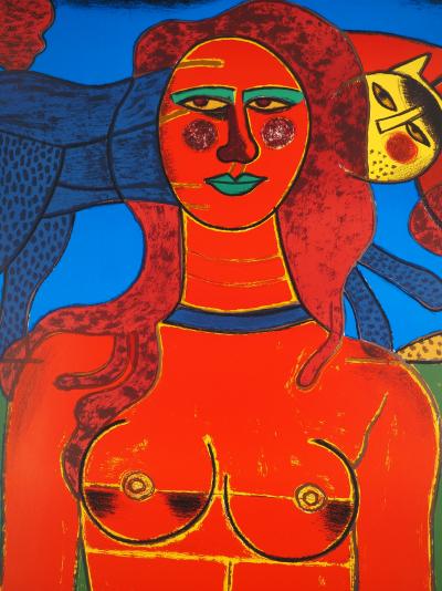Guillaume CORNEILLE : Sensualité, Femme, Chat et Soleil souriant, Lithographie originale signée 2