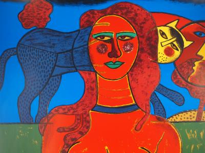 Guillaume CORNEILLE : Sensualité, Femme, Chat et Soleil souriant, Lithographie originale signée 2
