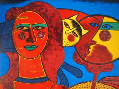 Guillaume CORNEILLE : Sensualité, Femme, Chat et Soleil souriant, Lithographie originale signée 2