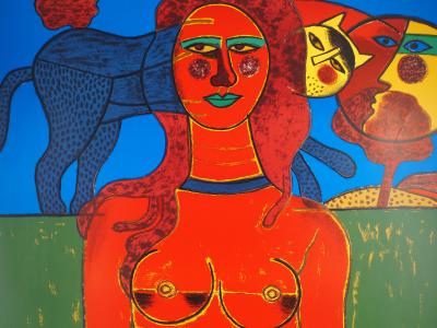 Guillaume CORNEILLE : Sensualité, Femme, Chat et Soleil souriant, Lithographie originale signée 2