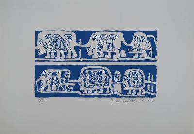 Yvon TAILLANDIER : Catitipède aux visages en bleu, Sérigraphie originale signée 2