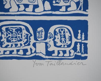 Yvon TAILLANDIER : Catitipède aux visages en bleu, Sérigraphie originale signée 2