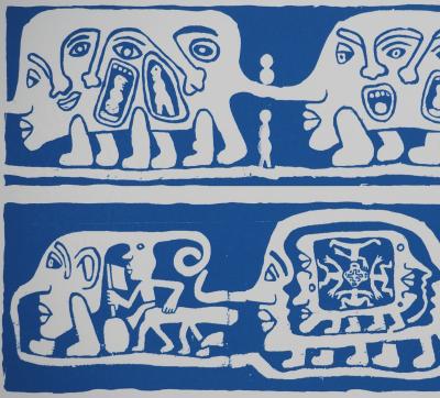 Yvon TAILLANDIER : Catitipède aux visages en bleu, Sérigraphie originale signée 2