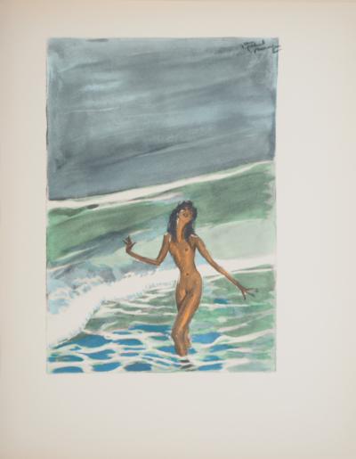 Jean-Gabriel DOMERGUE : Tahiti, Nu se baignant dans un lagon, Lithographie originale signée