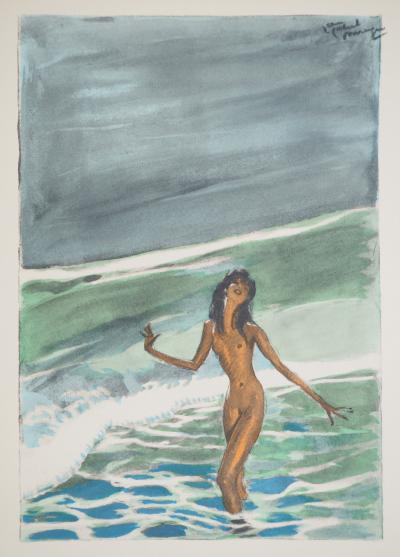 Jean-Gabriel DOMERGUE : Tahiti, Nu se baignant dans un lagon, Lithographie originale signée 2