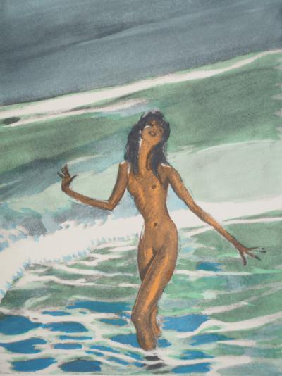 Jean-Gabriel DOMERGUE : Tahiti, Nu se baignant dans un lagon, Lithographie originale signée 2