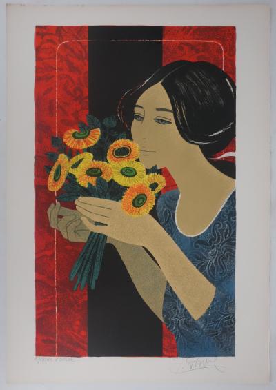 Yves GANNE : Femme au bouquet jaune, Lithographie originale signée 2