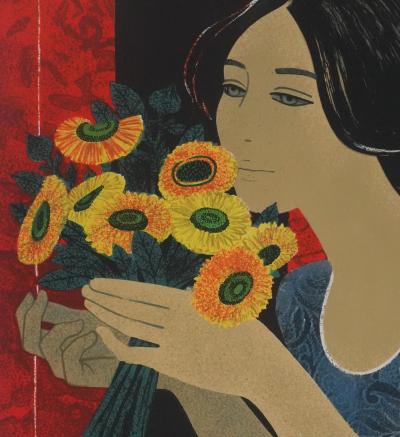 Yves GANNE : Femme au bouquet jaune, Lithographie originale signée 2