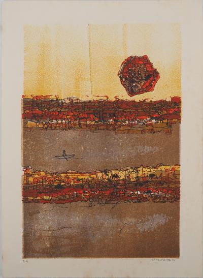Jean-Pierre VIELFAURE : L'homme à la barque, Lithographie originale signée