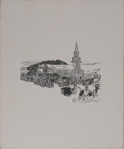 Mathurin MEHEUT : Bretagne, L’attente de la procession (Noir), Gravure originale signée 2