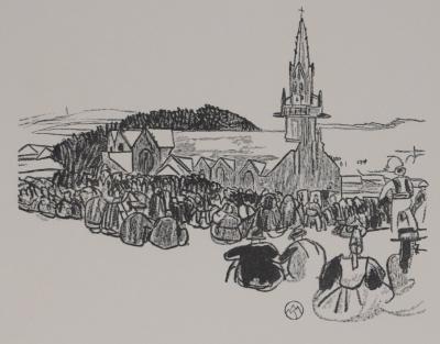 Mathurin MEHEUT : Bretagne, L’attente de la procession (Noir), Gravure originale signée 2