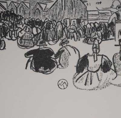 Mathurin MEHEUT : Bretagne, L’attente de la procession (Noir), Gravure originale signée 2