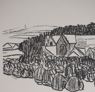 Mathurin MEHEUT : Bretagne, L’attente de la procession (Noir), Gravure originale signée 2