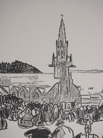 Mathurin MEHEUT : Bretagne, L’attente de la procession (Noir), Gravure originale signée 2