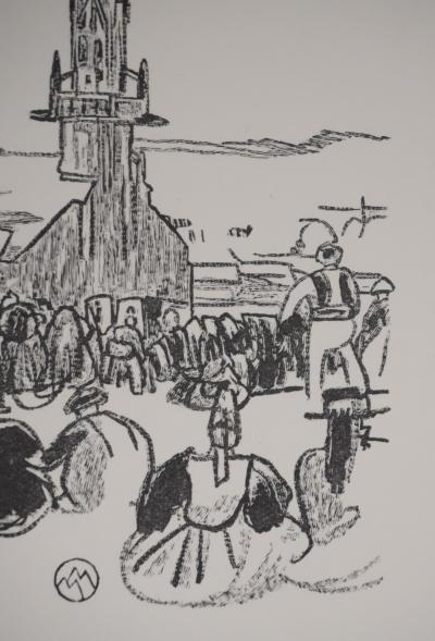 Mathurin MEHEUT : Bretagne, L’attente de la procession (Noir), Gravure originale signée 2