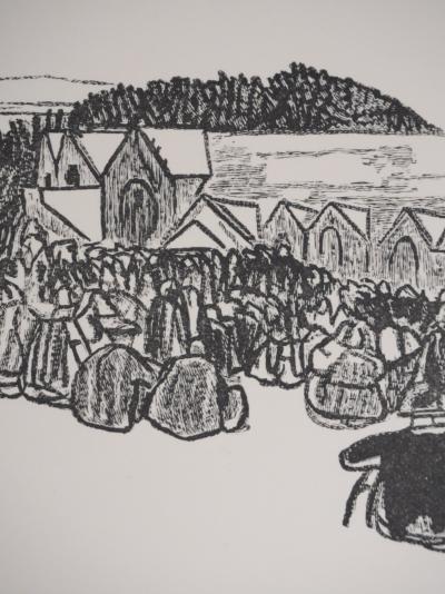 Mathurin MEHEUT : Bretagne, L’attente de la procession (Noir), Gravure originale signée 2