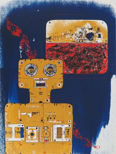 Jean-Pierre VIELFAURE : Robot sur fond bleu, Lithographie originale signée 2