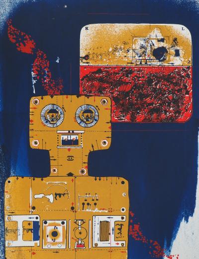 Jean-Pierre VIELFAURE : Robot sur fond bleu, Lithographie originale signée 2