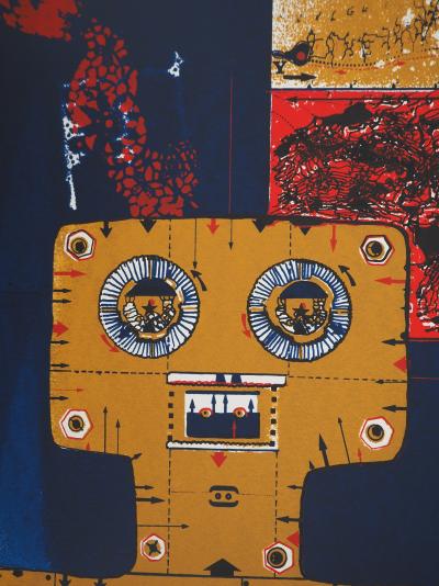 Jean-Pierre VIELFAURE : Robot sur fond bleu, Lithographie originale signée 2