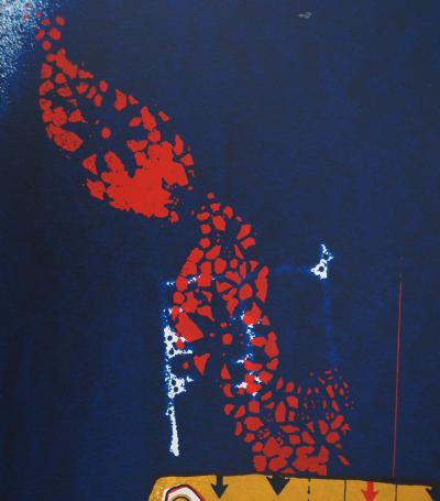 Jean-Pierre VIELFAURE : Robot sur fond bleu, Lithographie originale signée 2