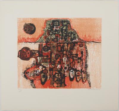 Jean-Pierre VIELFAURE : Petit paysage rouge, Lithographie originale signée 2