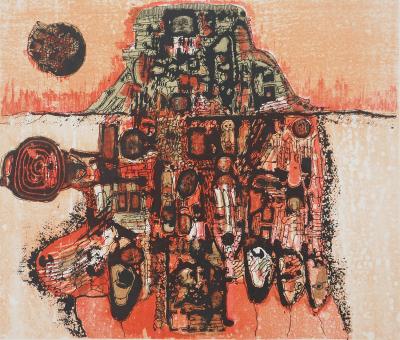 Jean-Pierre VIELFAURE : Petit paysage rouge, Lithographie originale signée 2