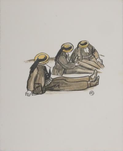 Mathurin MEHEUT : Bretagne, Trois bretons, Gravure originale signée 2