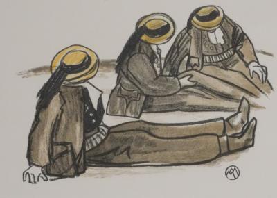 Mathurin MEHEUT : Bretagne, Trois bretons, Gravure originale signée 2