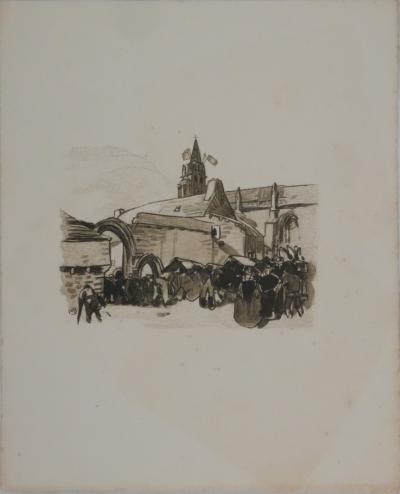 Mathurin MEHEUT : Bretagne, L'entrée dans l'église, Gravure originale signée 2