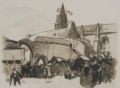 Mathurin MEHEUT : Bretagne, L'entrée dans l'église, Gravure originale signée 2