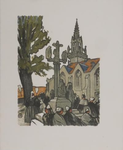 Mathurin MEHEUT : Bretagne, Pèlerins devant l’église, Gravure originale signée 2
