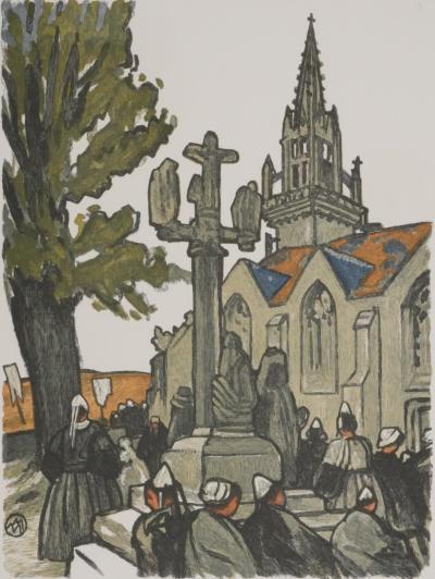 Mathurin MEHEUT : Bretagne, Pèlerins devant l’église, Gravure originale signée 2