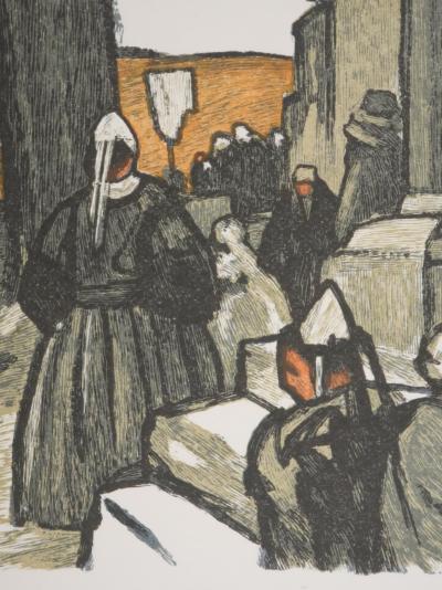 Mathurin MEHEUT : Bretagne, Pèlerins devant l’église, Gravure originale signée 2