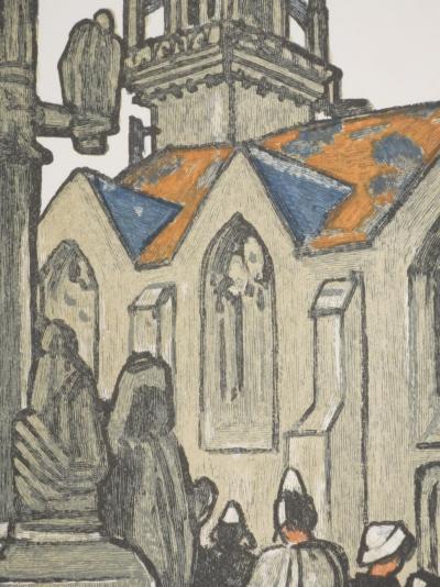 Mathurin MEHEUT : Bretagne, Pèlerins devant l’église, Gravure originale signée 2