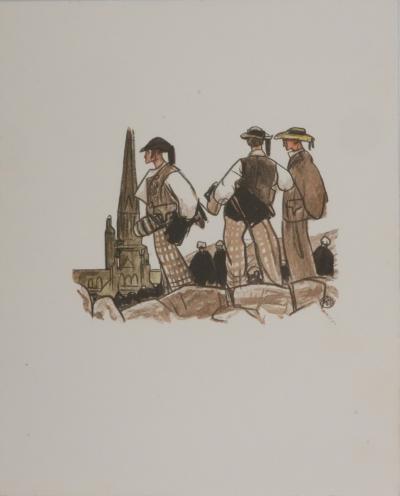 Mathurin MEHEUT : Bretagne, Les trois bretons, Gravure originale signée 2