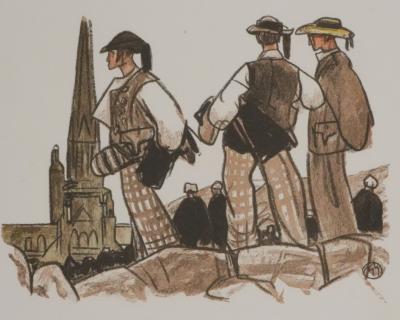 Mathurin MEHEUT : Bretagne, Les trois bretons, Gravure originale signée 2