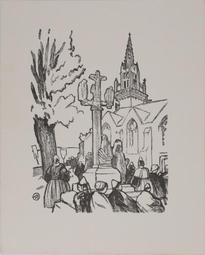 Mathurin MEHEUT: Brittany, Pilgrims in front of the church (Black), Original signed engraving 2