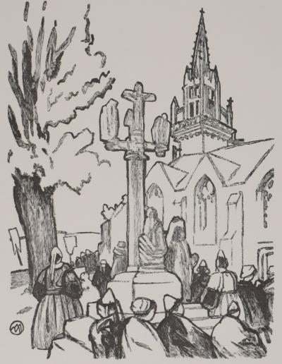 Mathurin MEHEUT: Brittany, Pilgrims in front of the church (Black), Original signed engraving 2